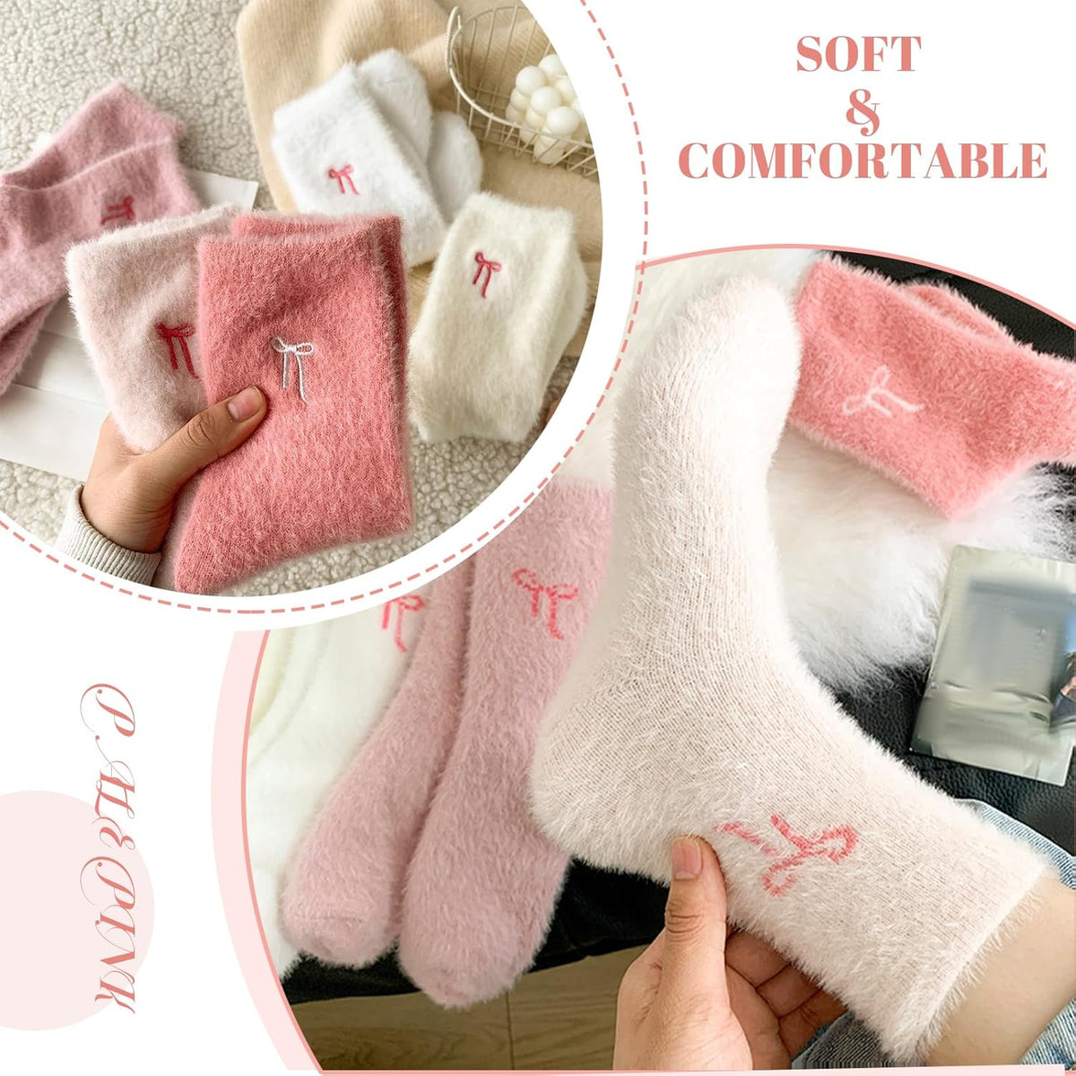 5 Pairs Fluffy Cosy Socks Ladies With Bow, Warm Winter Socks, Thick Furry For Home, Thermal Ladies, Soft Sleep