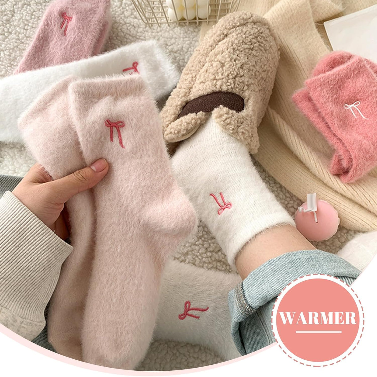 5 Pairs Fluffy Cosy Socks Ladies With Bow, Warm Winter Socks, Thick Furry For Home, Thermal Ladies, Soft Sleep