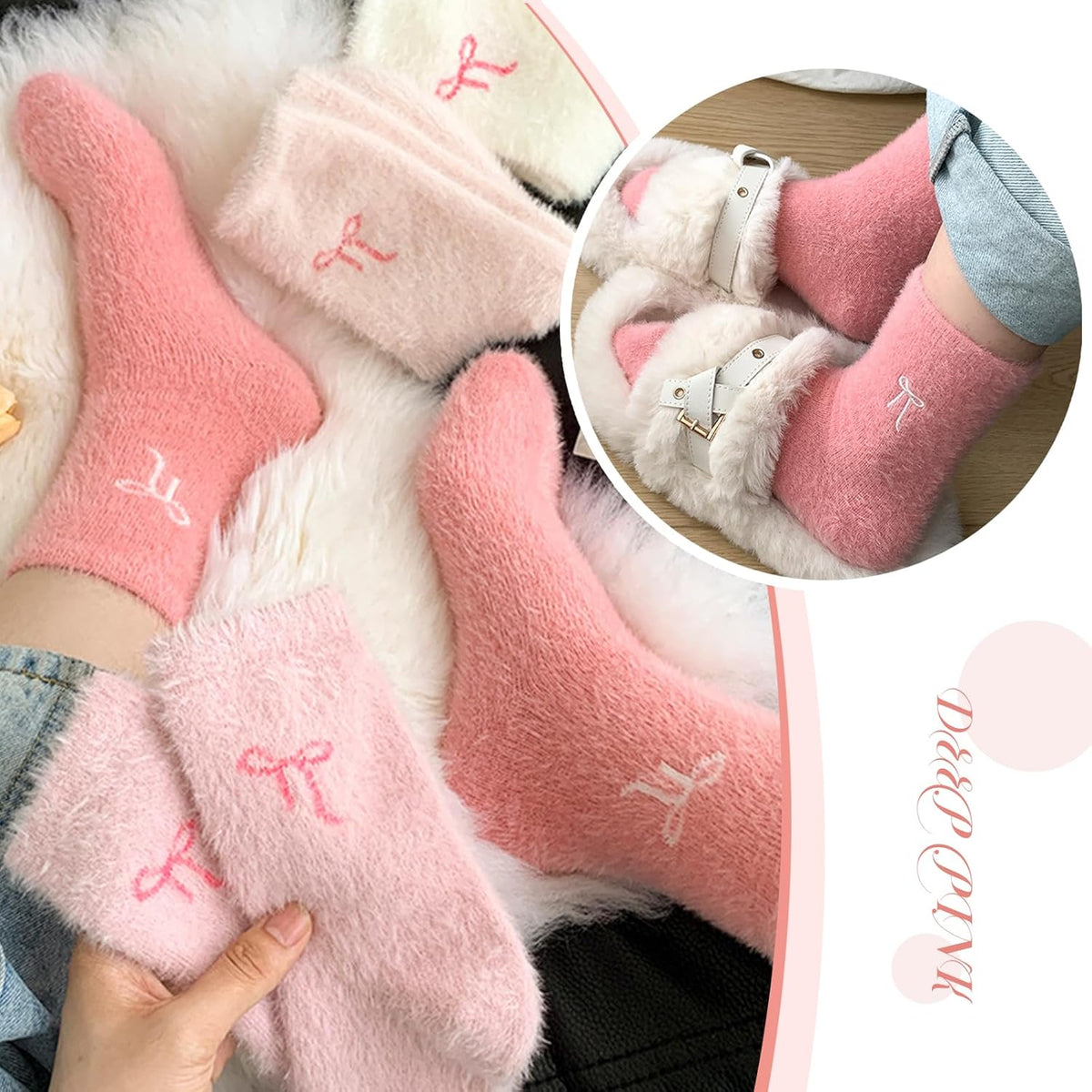 5 Pairs Fluffy Cosy Socks Ladies With Bow, Warm Winter Socks, Thick Furry For Home, Thermal Ladies, Soft Sleep