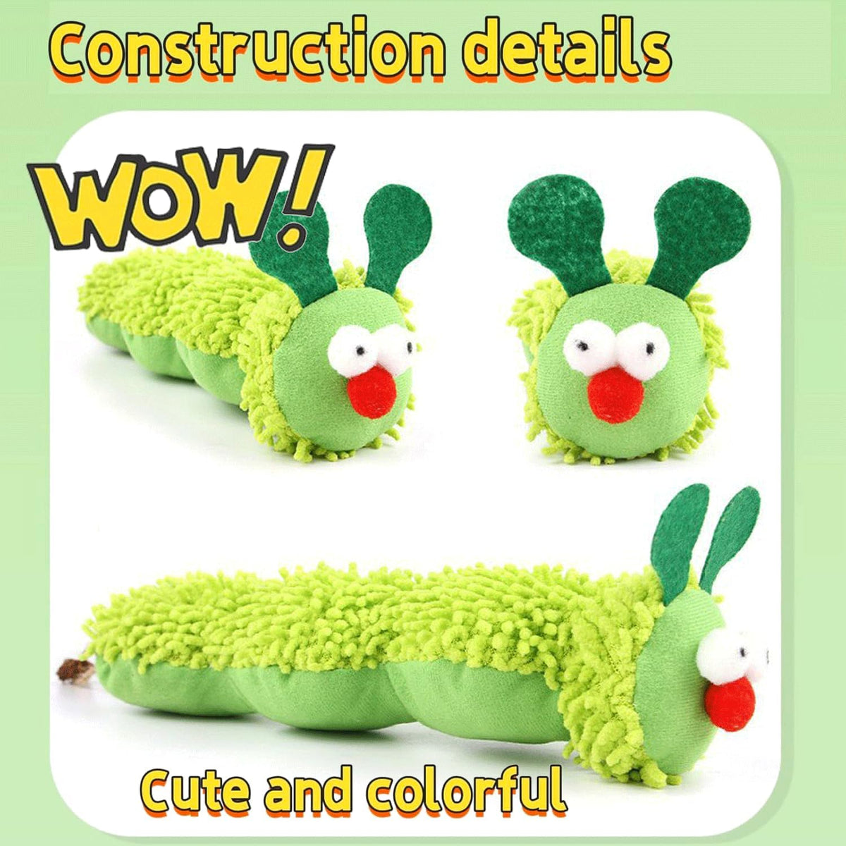 Petluno Cat Catnip Toy for Indoor Cats, Chew Teeth Cleaning, Bite-Resistant Plush Caterpillar Design, Dental Health Benefits, Green