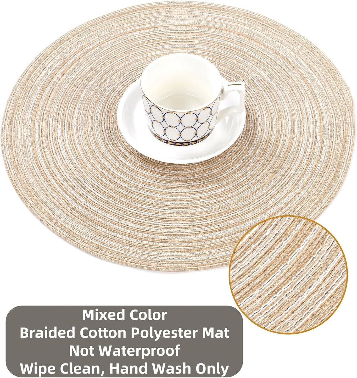 Round Braided Placemats Set of 6 Washable Round Placemats for Kitchen Table 15 inch Round Table Mats (Beige, 6)