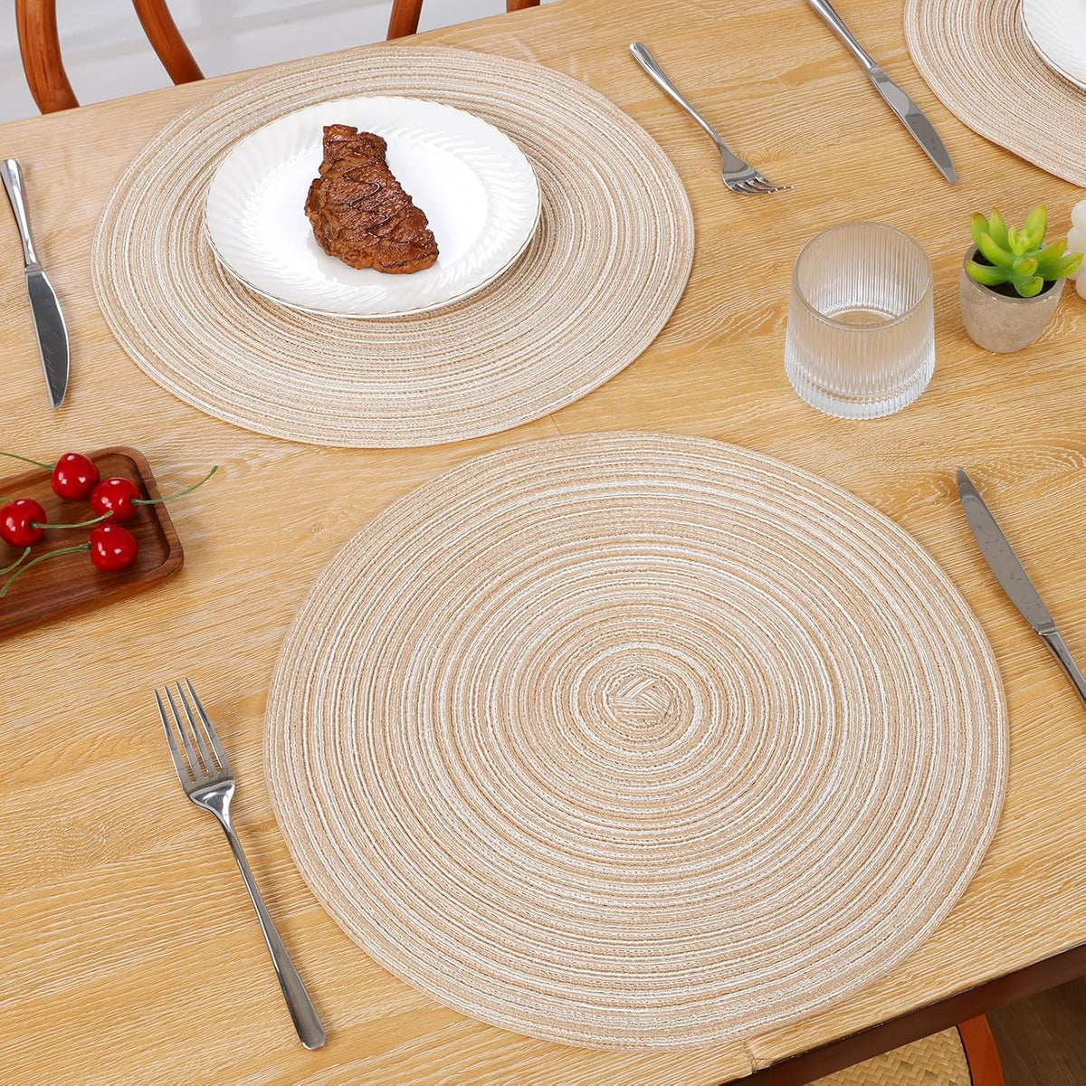 Round Braided Placemats Set of 6 Washable Round Placemats for Kitchen Table 15 inch Round Table Mats (Beige, 6)