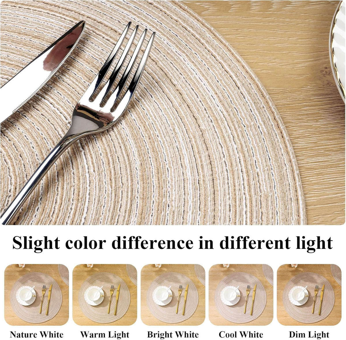 Round Braided Placemats Set of 6 Washable Round Placemats for Kitchen Table 15 inch Round Table Mats (Beige, 6)