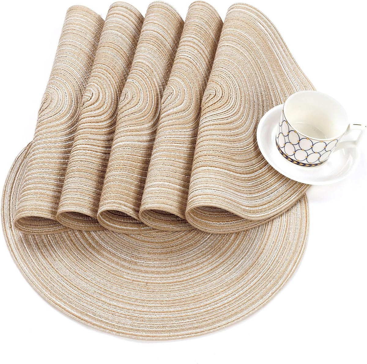 Round Braided Placemats Set of 6 Washable Round Placemats for Kitchen Table 15 inch Round Table Mats (Beige, 6)