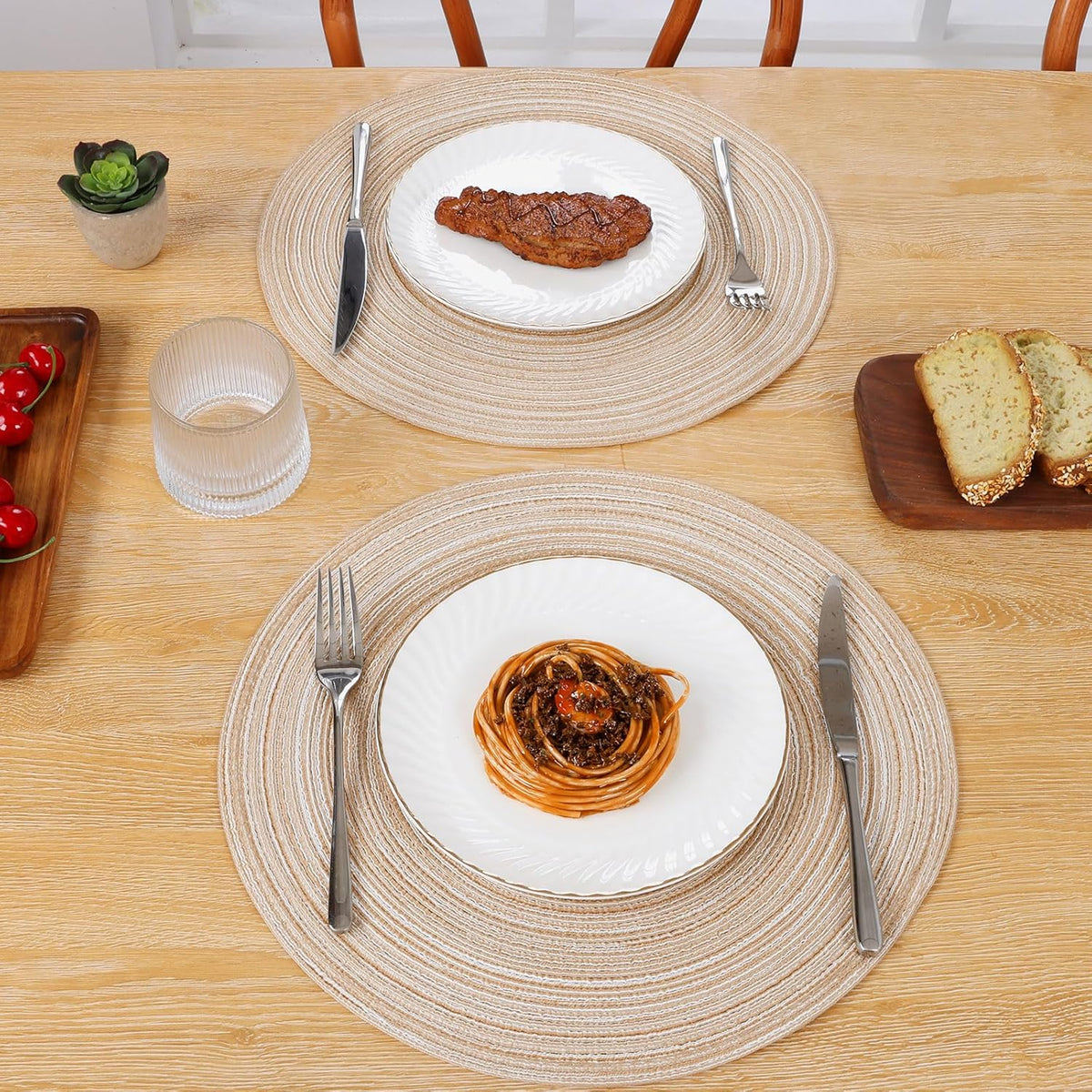 Round Braided Placemats Set of 6 Washable Round Placemats for Kitchen Table 15 inch Round Table Mats (Beige, 6)