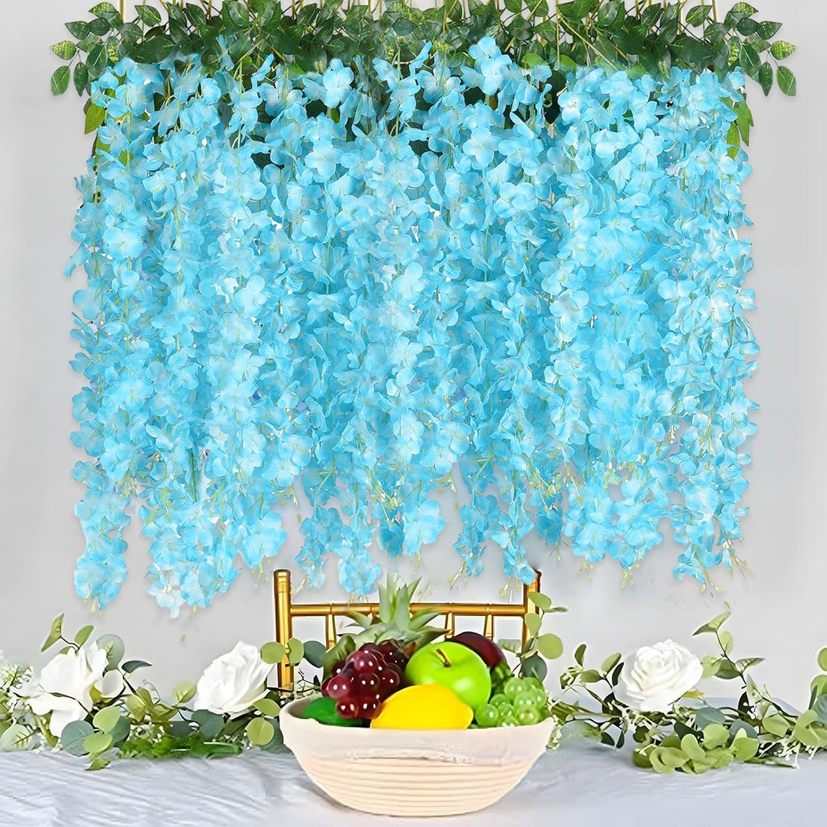 24 Pack Lake Blue Wisteria Hanging Flowers Garland, 3.77 Feet Lake Blue Artificial Wisteria Flower Vines, Fake Lake Blue Wisteria, Lake Blue Flower Vines for Backdrop, Hanging Flower Garland Decor