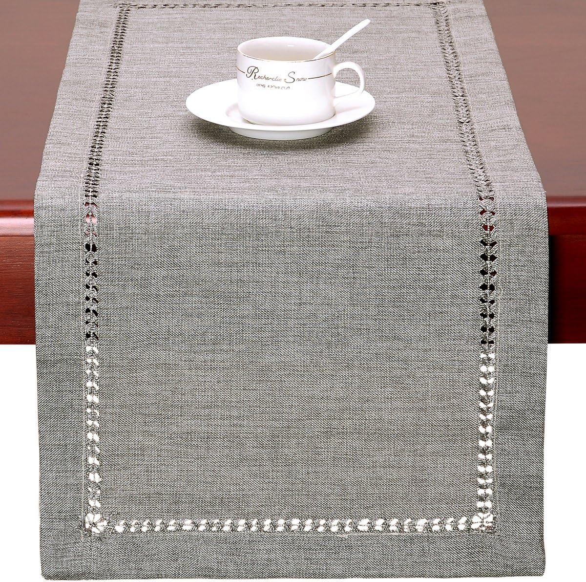 Handmade Hemstitch Gray Dining Table Runner Or Dresser Scarf, Rectangular 14 by 72 Inch