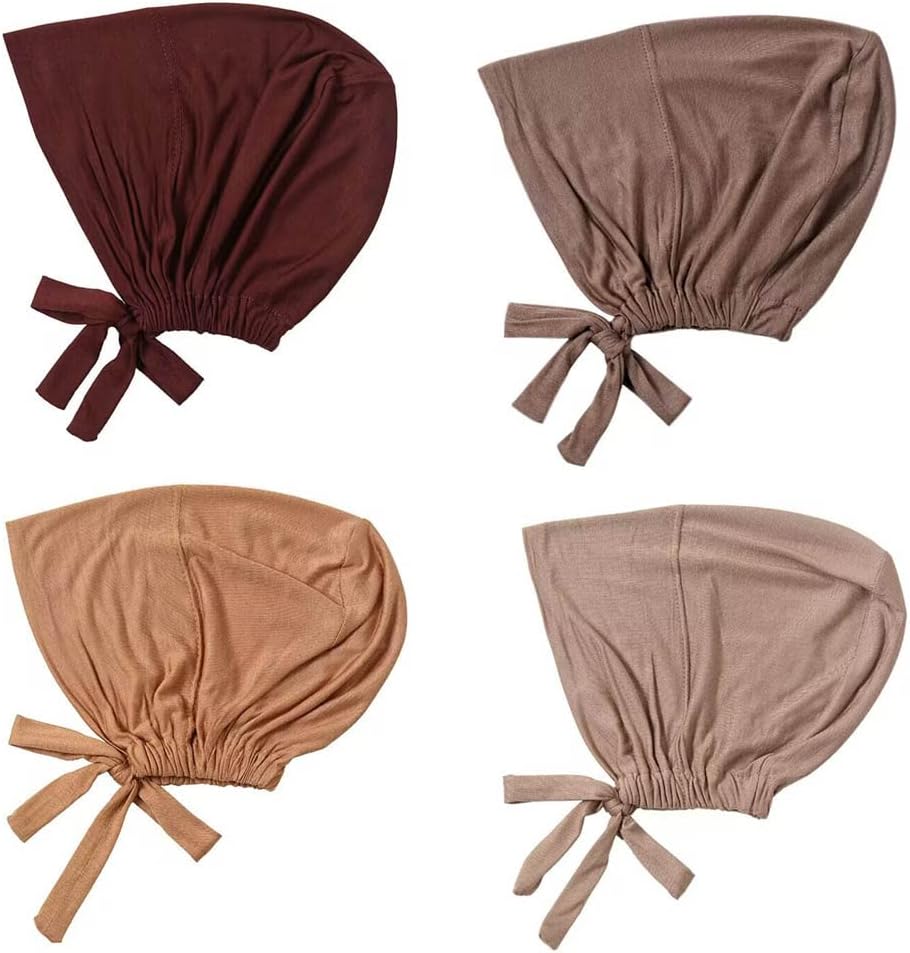 4 Pcs Women Hijab Undercap Muslim Inner Beanies Cap with Tie Back Closure Adjustable Underscarf Hat Chemo Turban Cap