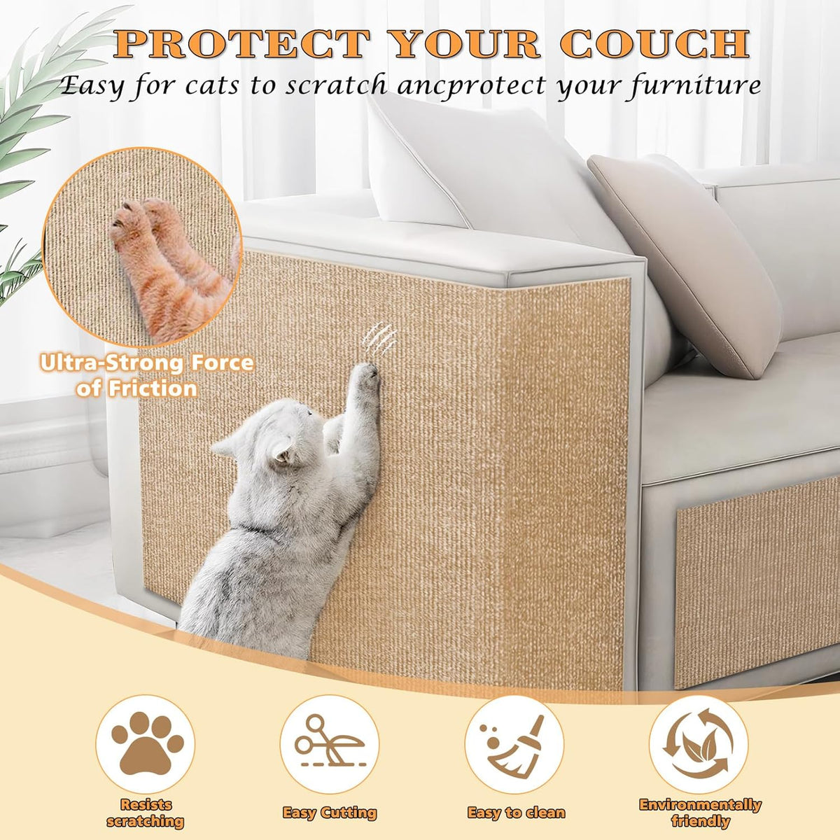 Cat Scratching Carpet,15.8"x78.7"Cat Climbing Pad,Self-Adhesive Cat Scratch Mat,Sticky Scratch Wall Mat, Furniture Protector for Floor Couch Sofa Door Corner(Khaki)