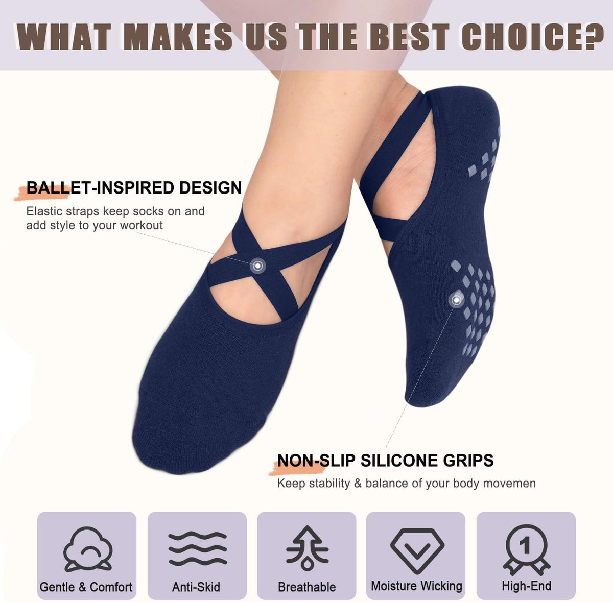 Non Slip Pilates Socks with Grips for Women, Grip Socks for Yoga Ballet Dance Barefoot Workout Anti Skid Crew Socks