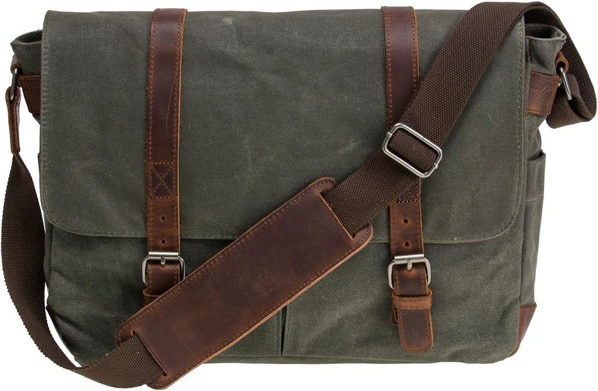 Vintage Genuine Leather Waxed Canvas Briefcase Large Satchel Shoulder Bag Rugged Computer 15.6" Laptop Bag