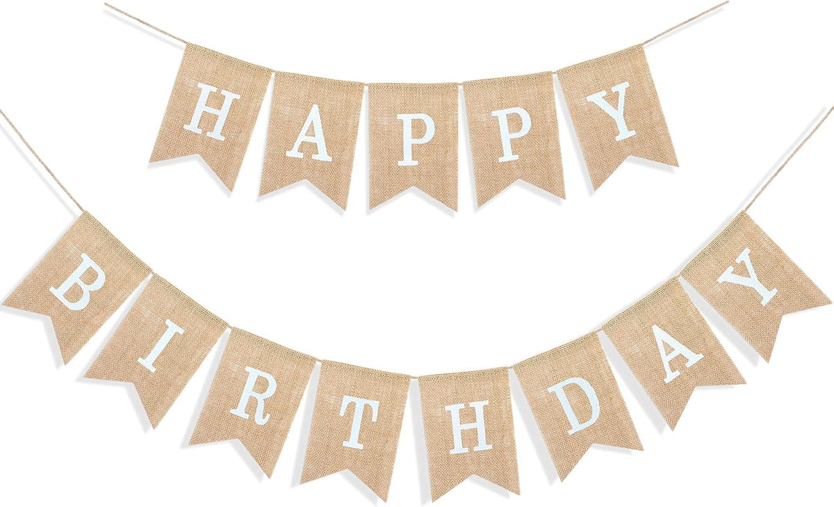 Happy Birthday Banner for Birthday Party Decorations, Rustic Burlap Bunting Swallowtail Flags, 2 in 1