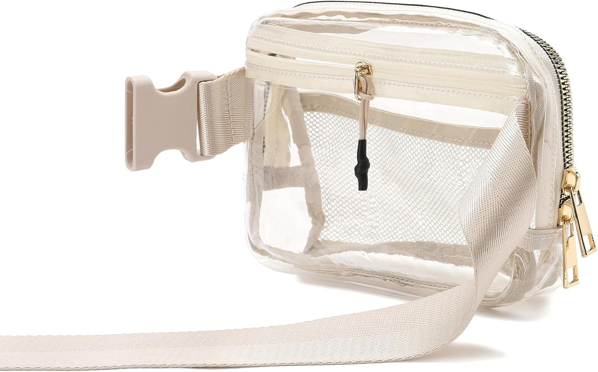 Clear Belt Bag Clear fanny pack stadium approved for Women Men with Adjustable Strap Clear Crossbody Bag Waist Bag for Concerts Sports Travelling Hiking Running, BEIGE, Small, Fashion