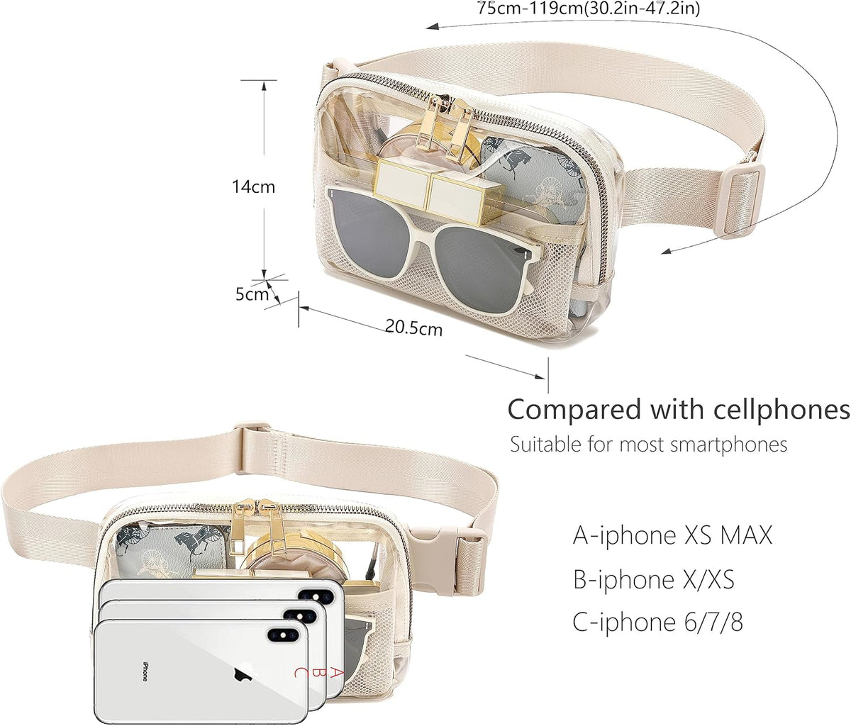 Clear Belt Bag Clear fanny pack stadium approved for Women Men with Adjustable Strap Clear Crossbody Bag Waist Bag for Concerts Sports Travelling Hiking Running, BEIGE, Small, Fashion