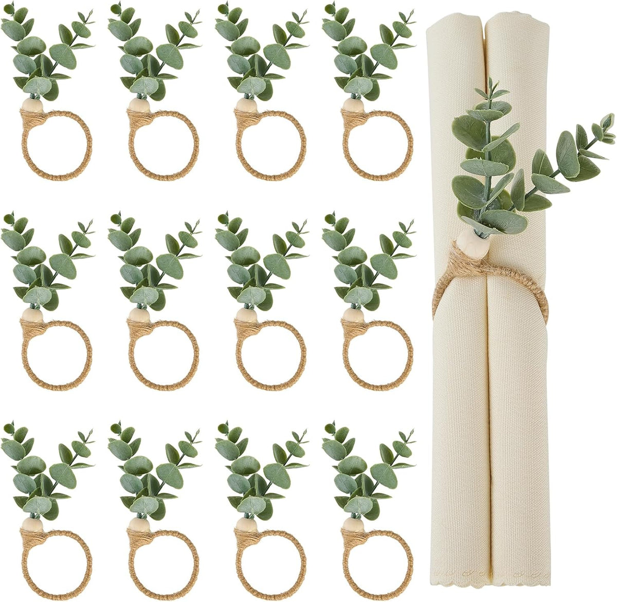Napkin Rings Set of 12, Easter Napkin Rings, Boho Eucalyptus Leaf Napkins Rings, Wood Bead Farmhouse Easter Napkin Holder for Weddings Christmas Party Table Decoration