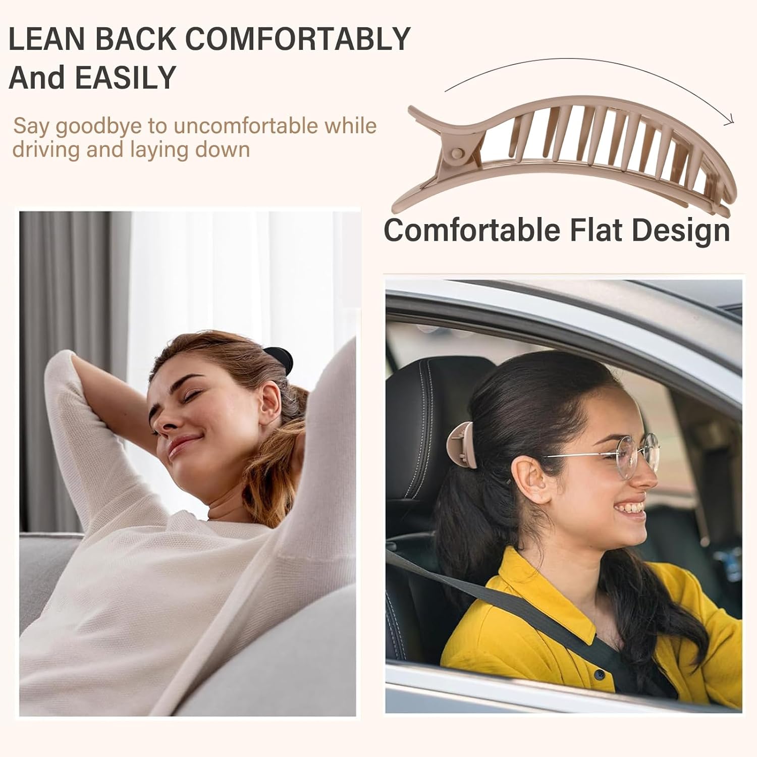 4 PCS Flat Hair Clips, Round Lay Down Claw Clips for Women Girls, French Strong Hold Hair Barrettes for Thick Thin Hair, Comfortable Curved Design - For Lying, Driving and More (Neutral Matte)