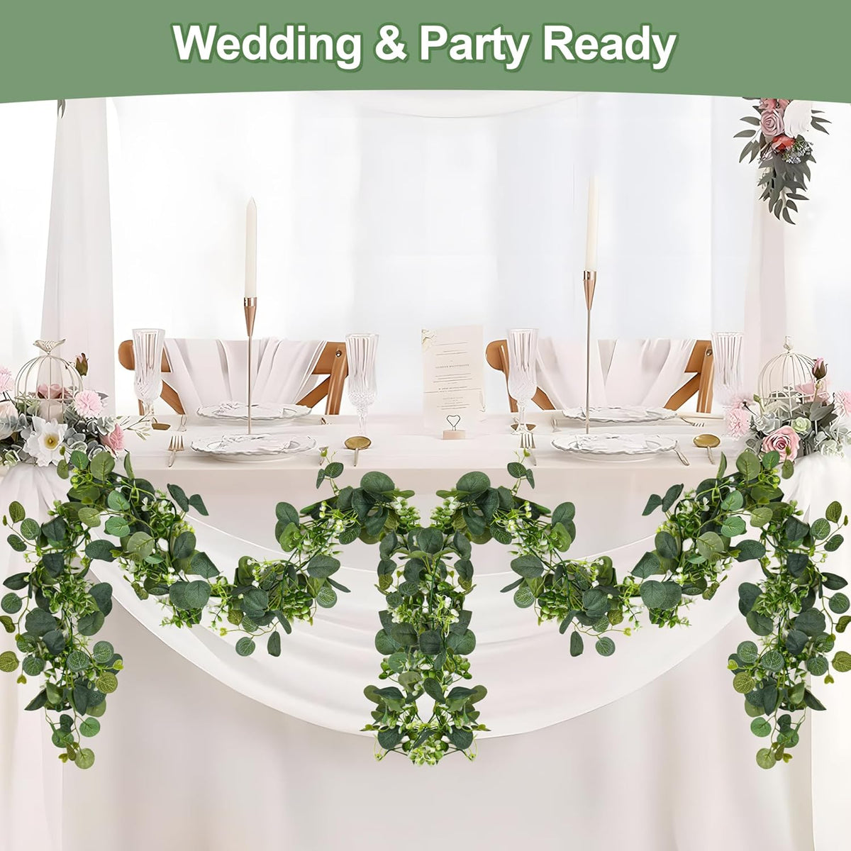 Eucalyptus Garlands, 2 Packs 5.8FT Long Faux Eucalyptus Leaves Garland Plant, Artificial Imitation Silver Dollar Eucalyptus Leaves and Vines (2)