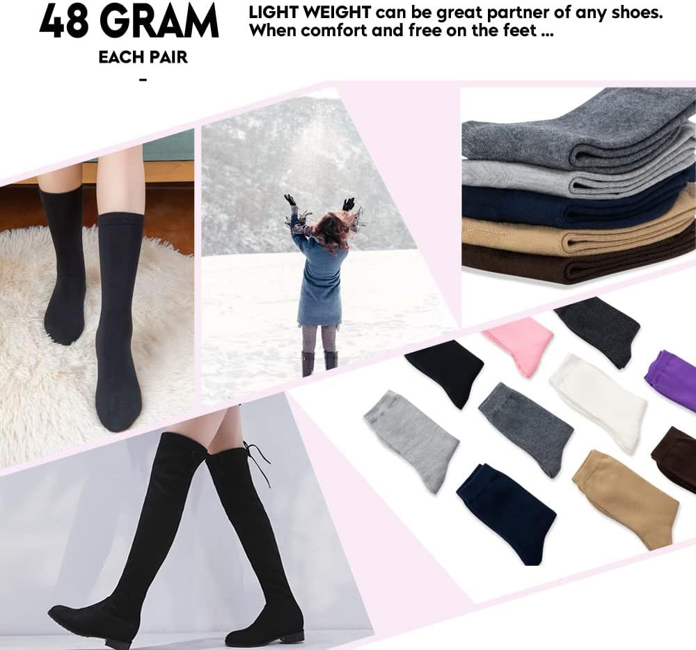 Women's Thin Merino Wool Socks, Multi Colors Soft Dress Socks,Warm Breathable Crew Casual Socks 3/6 Pairs Pack