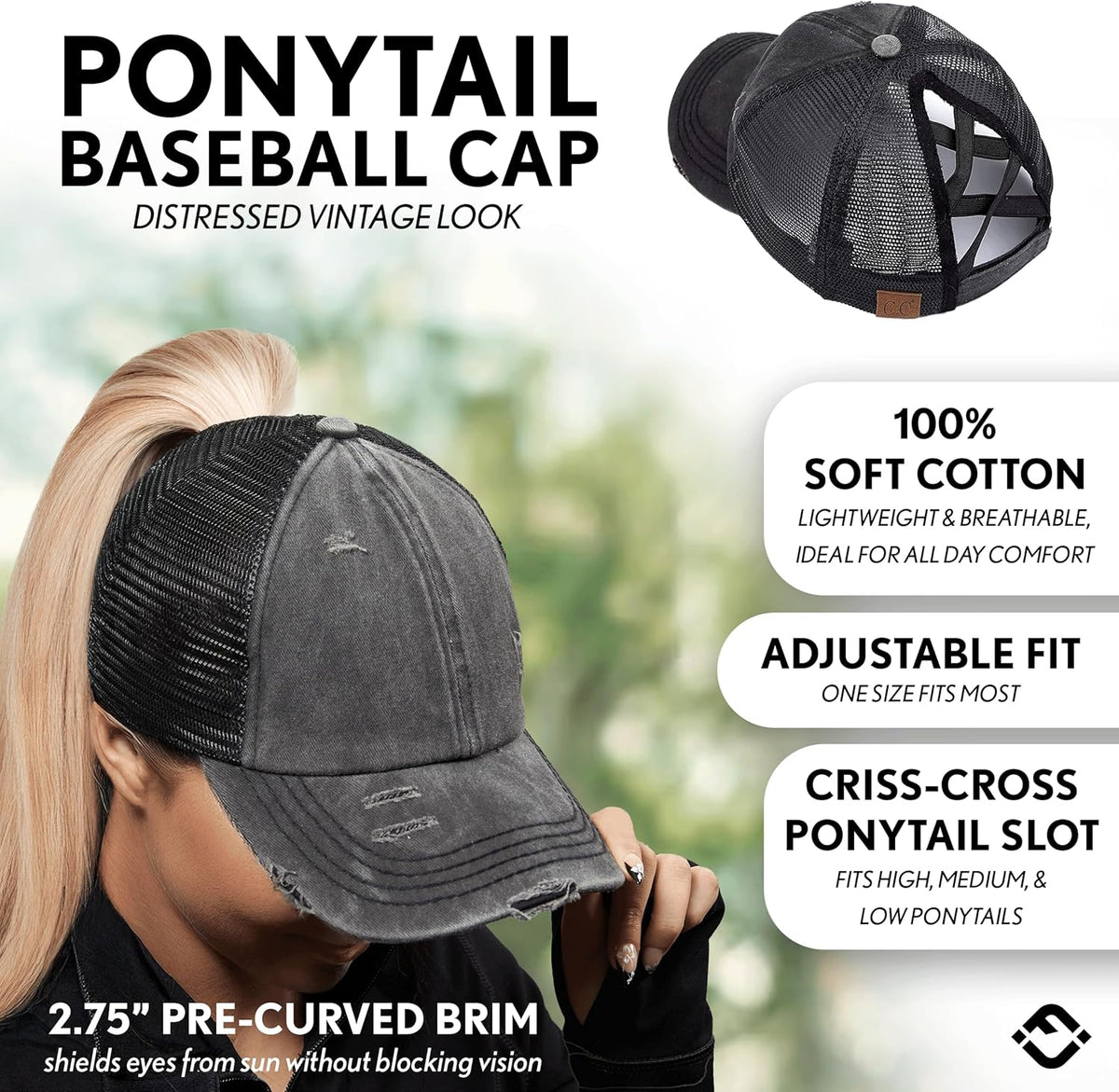 Criss Cross Hat Womens Baseball Cap Distressed Ponytail Messy Bun Trucker Ponycap