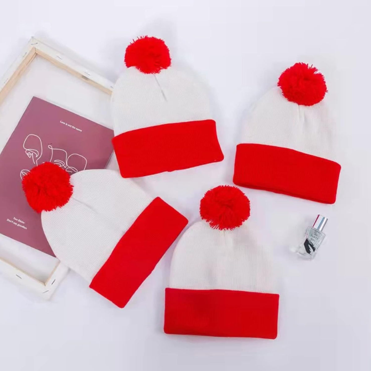 Adult Halloween Red White Beanie Waldo Hat Christmas Pom Pom Striped Knit Hat