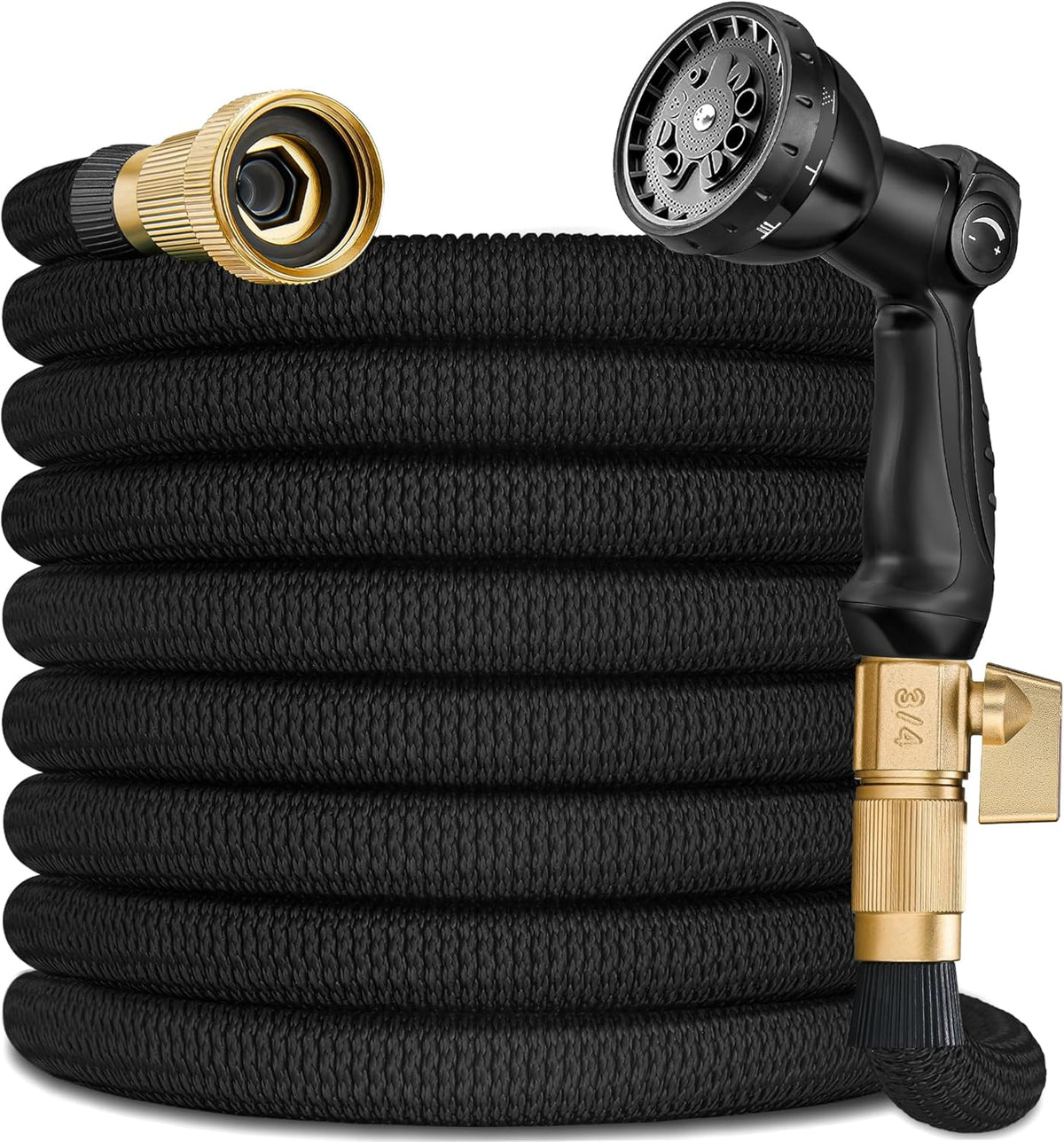 75 FT Garden Hose – 2025 Upgarded Expandable Garden Hose w/10 Pattern Spray Nozzle, 650psi Pure Brass 3/4” Fittings – Lightweight, Durable, and Kink-Free, Retractable Water Hoses for Gardening(Black)