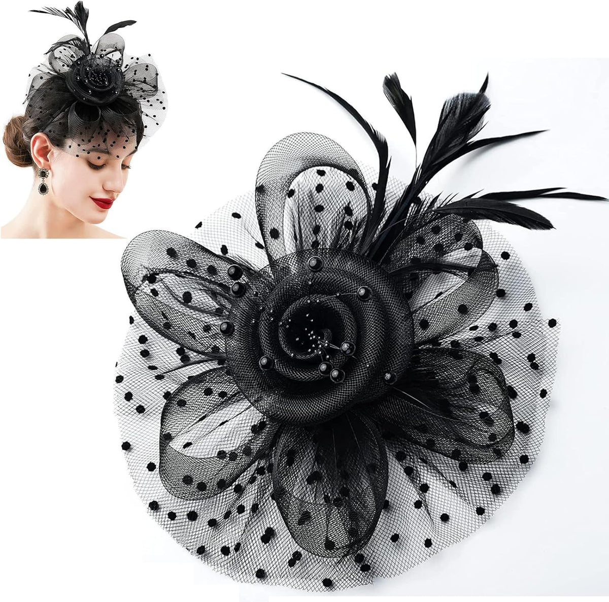 Fascinators For Women,Mesh Feather Fascinator Hats,Headband Hair Clip Net Veil Headwear, Party Evening Dress Female Veil Gauze Hair Accessories（Black）