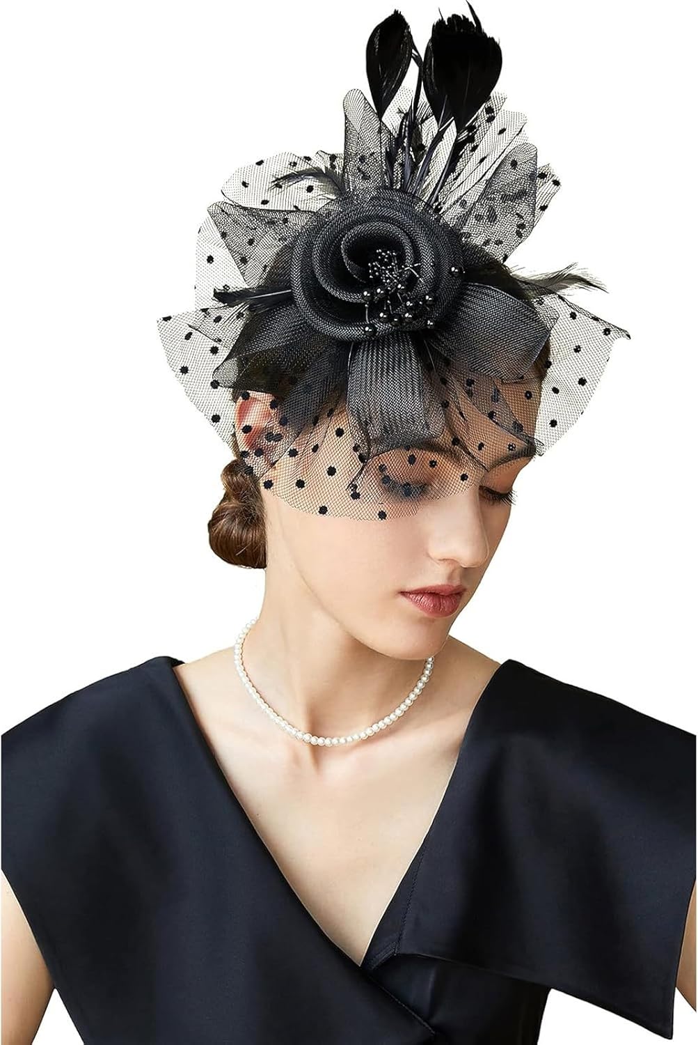 Fascinators For Women,Mesh Feather Fascinator Hats,Headband Hair Clip Net Veil Headwear, Party Evening Dress Female Veil Gauze Hair Accessories（Black）