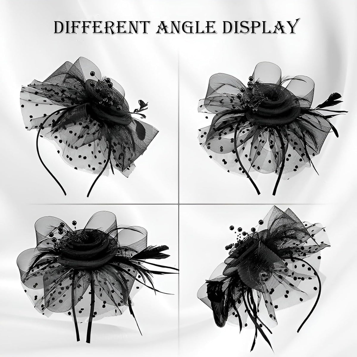 Fascinators For Women,Mesh Feather Fascinator Hats,Headband Hair Clip Net Veil Headwear, Party Evening Dress Female Veil Gauze Hair Accessories（Black）