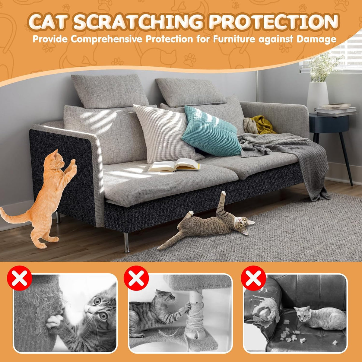 78.7"x15.8" Cat Scratching Mat - Trimmable Self Adhesive DIY Climbing Cat Scratcher Pad Replacement for Cat Tree Shelves and Post Cat Scratch Furniture (Light Grey)