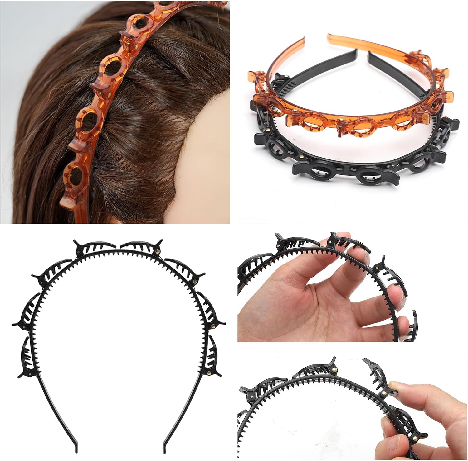 Double Bangs Hairstyle Hairpin,2 Pack Hairpin Headband Twist Clip Headband with Toothed Headband Braid Tool Hair Band With Clips for Girls Women Fashion Hair Accessories(Black and Brown)