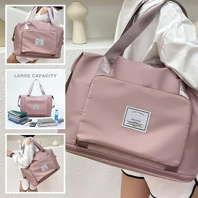 Foldable Travel Duffel Bag for Women, Large Capacity Folding Sports Gym Bag, Lightweight Waterproof Bag Holdall Tote Carry on Hand Luggage Overnight Weekender Bag Hospital Bag for Men Women (Pink)