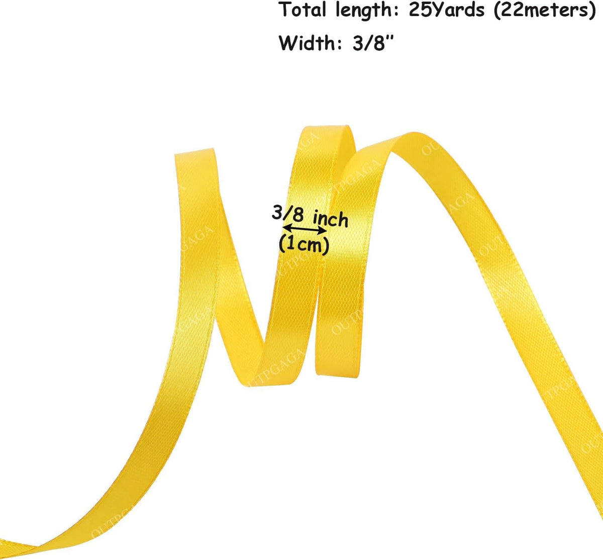 3/8 Inch Yellow Satin Ribbon, 25 Yards Solid Fabric Ribbons for Gift Wrapping, Invitation, Hair Bows, DIY Handicrafts, Sewing, Wedding Party Decoration