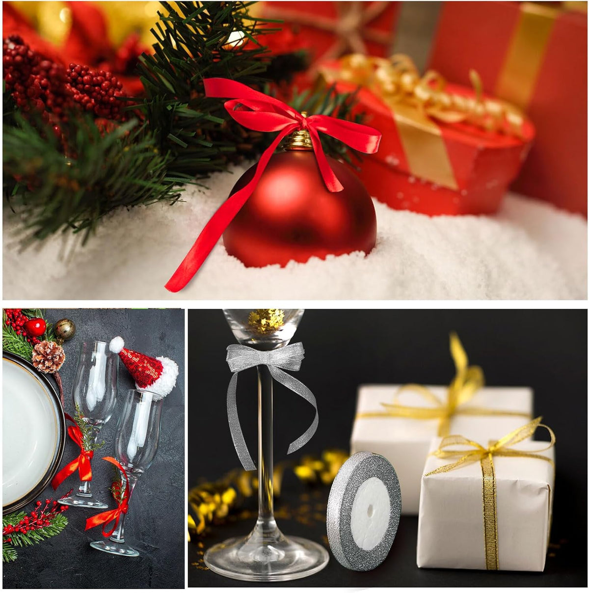4Color Curling Ribbons for Crafts Satin Glitter Ribbon Gift Wrapping Supplies Christmas Wedding Party Decoration Sewing Hair Bows Gold, Red, Green, Silver -