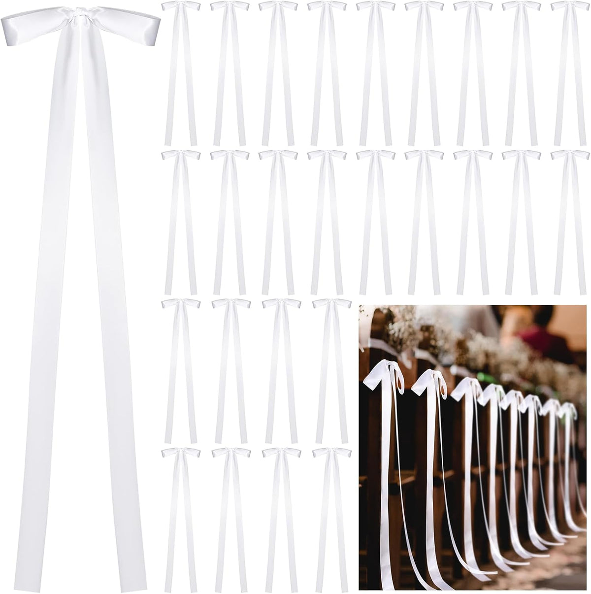24 Pcs Large Wedding Ribbon Bows with Long Tails 10 x 36 Inch Aisle Decor On Chairs Background for Bridal Shower Reception Ceremony(White) White -