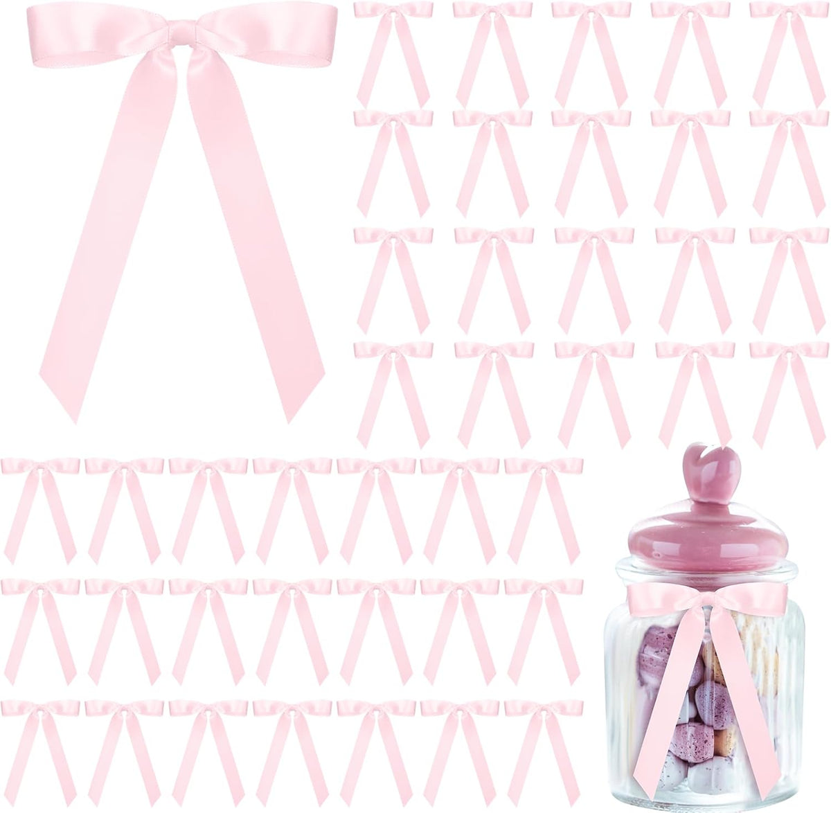 50 Pcs Pink Satin Ribbon Bows 7 Inch Large Self Adhesive Twist Tie for Gift Wrapping Craft Cake Balloons Coquette Wedding Birthday Baby Shower Bachelorette Party Decorations -