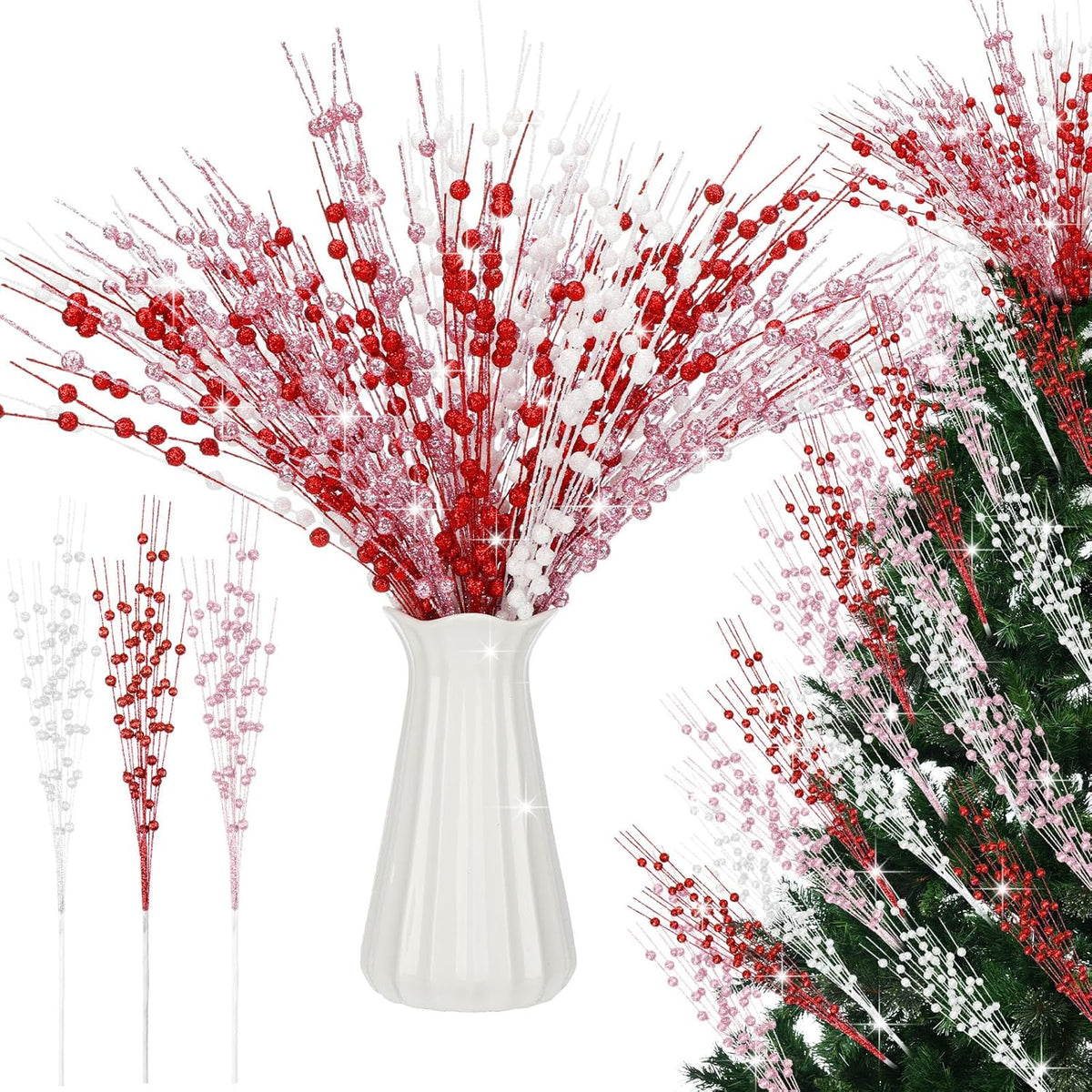 18 Pcs Mother's Day Decoration Valentines Floral Picks Tree Decorations 17 Inch Red and Pink Glitter Berry Spray Christmas Decor for Wreaths Centerpieces Wedding Anniversary -