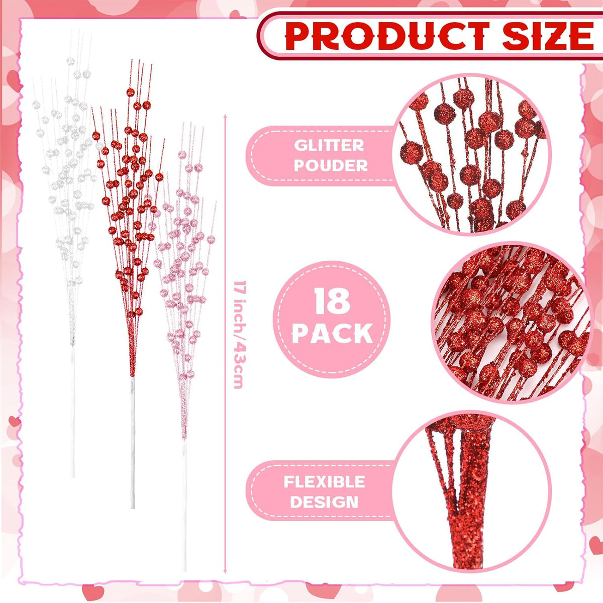 18 Pcs Mother's Day Decoration Valentines Floral Picks Tree Decorations 17 Inch Red and Pink Glitter Berry Spray Christmas Decor for Wreaths Centerpieces Wedding Anniversary -