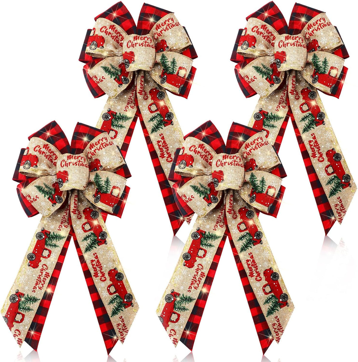 4 Pcs 10 x 18 Inch Christmas Buffalo Plaid LED Wreath Bow, Burlap Red Black Truck Pattern Lighted Bows, Xmas Tree Topper Ornaments Front Door Wall Stairs Decor for Indoor Outdoor Winter -