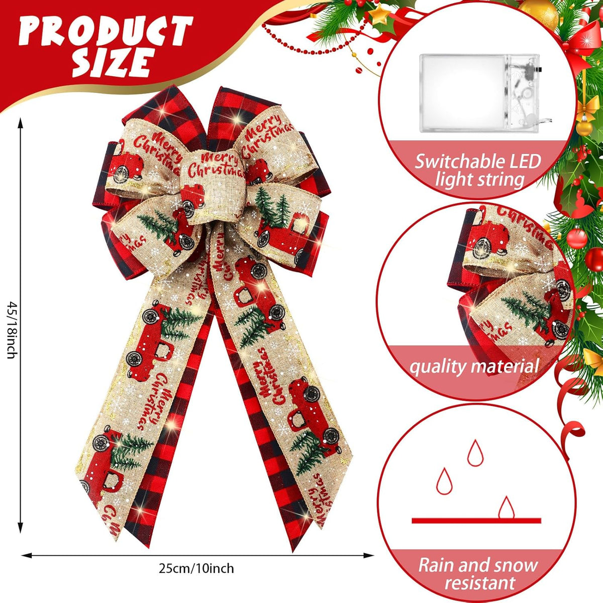 4 Pcs 10 x 18 Inch Christmas Buffalo Plaid LED Wreath Bow, Burlap Red Black Truck Pattern Lighted Bows, Xmas Tree Topper Ornaments Front Door Wall Stairs Decor for Indoor Outdoor Winter -