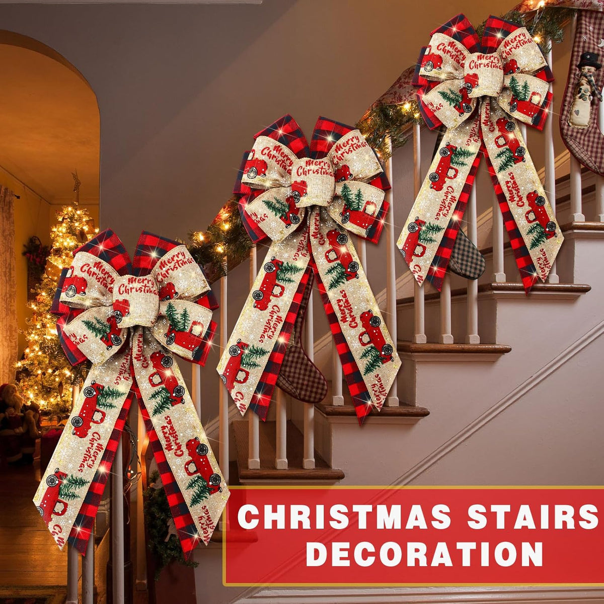 4 Pcs 10 x 18 Inch Christmas Buffalo Plaid LED Wreath Bow, Burlap Red Black Truck Pattern Lighted Bows, Xmas Tree Topper Ornaments Front Door Wall Stairs Decor for Indoor Outdoor Winter -