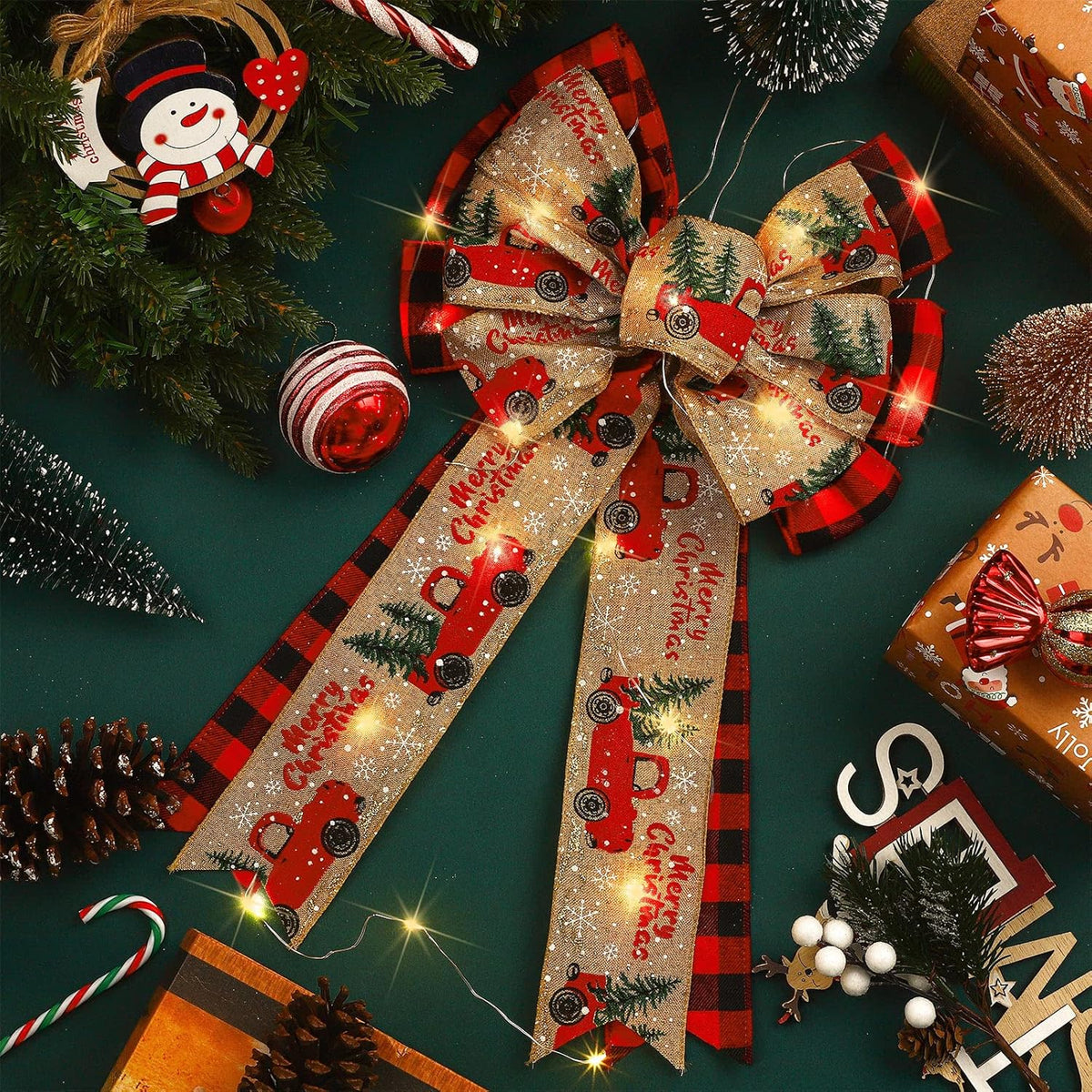4 Pcs 10 x 18 Inch Christmas Buffalo Plaid LED Wreath Bow, Burlap Red Black Truck Pattern Lighted Bows, Xmas Tree Topper Ornaments Front Door Wall Stairs Decor for Indoor Outdoor Winter -