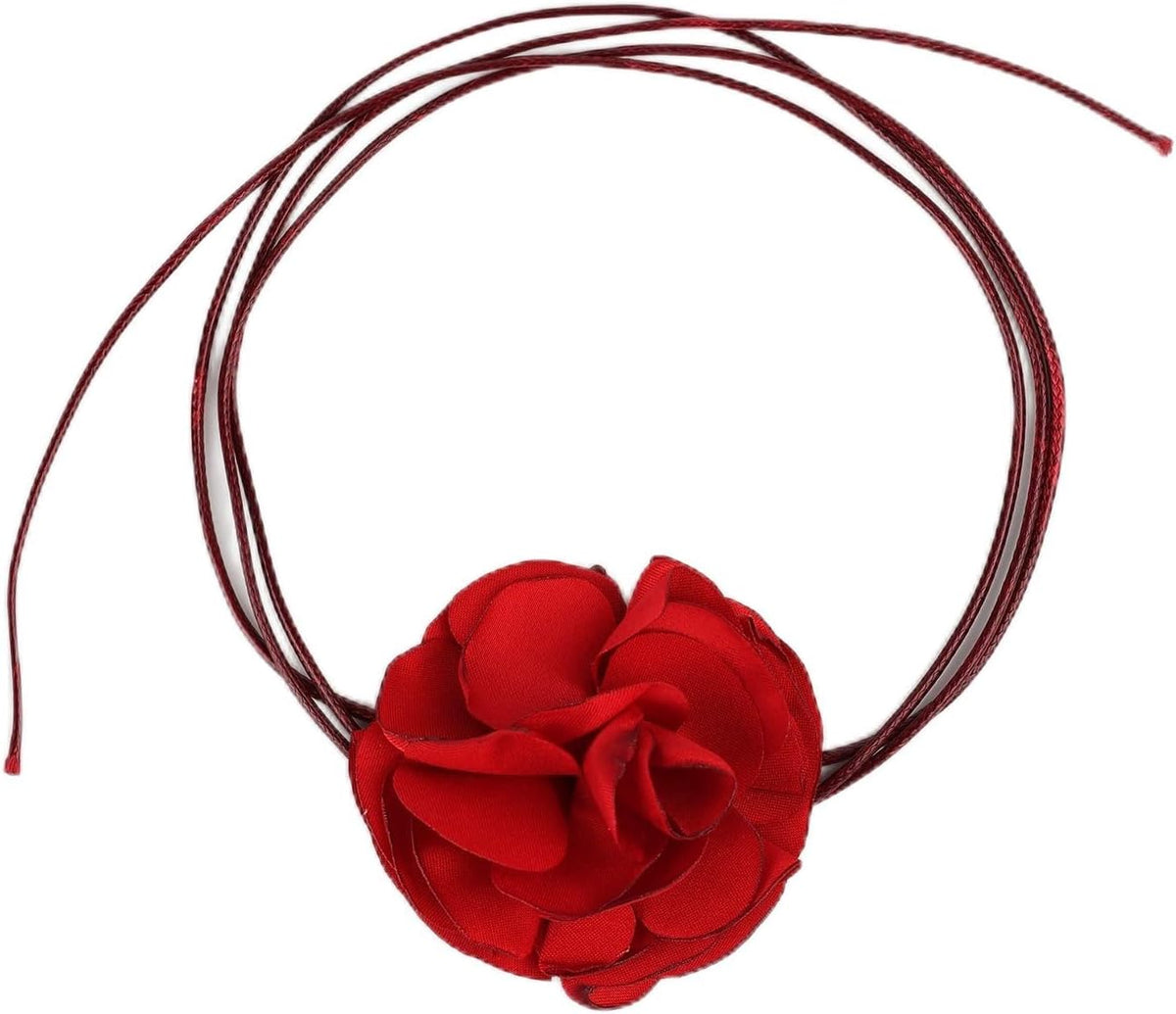 Vintage Flower Necklaces, Boho Floral Necklace Adjustable Fabric Rose for Women Girls Bride Wedding Party Birthday (Red) -