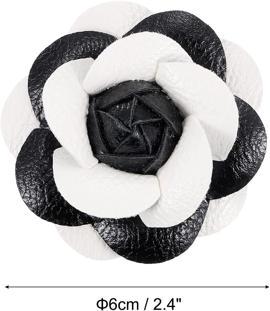 Flower Hair Clips, Camellia Hairpin Floral Brooches Pin Handmade Leather Brooch for Lady Bridal Women Hat Dress Black White -