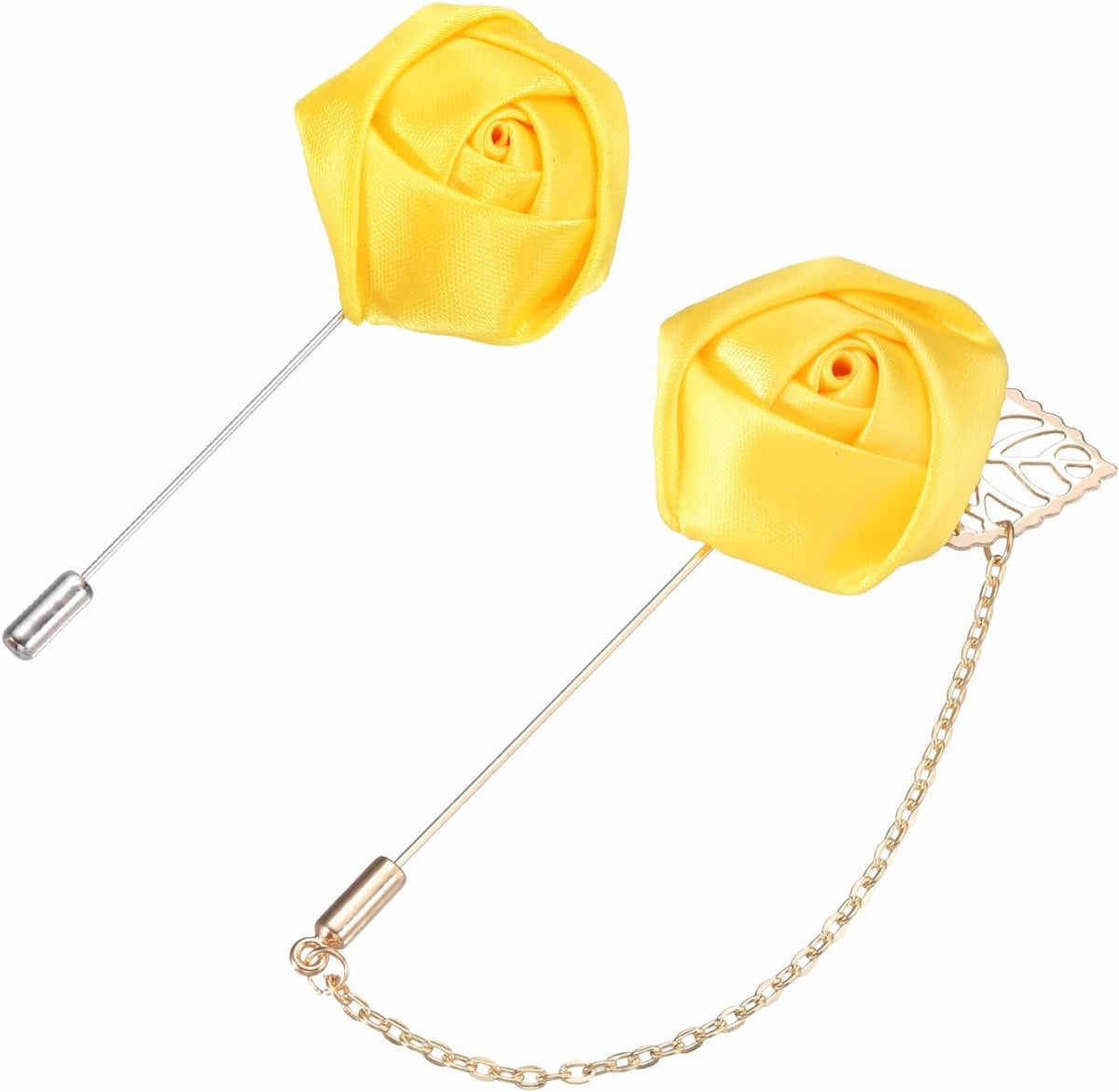 Rose Flower Lapel Pin for Men, 2 Style Cloth Brooch Kit Gold Leaf Tassel Chain Satin Boutonnieres Stick Men Yellow -