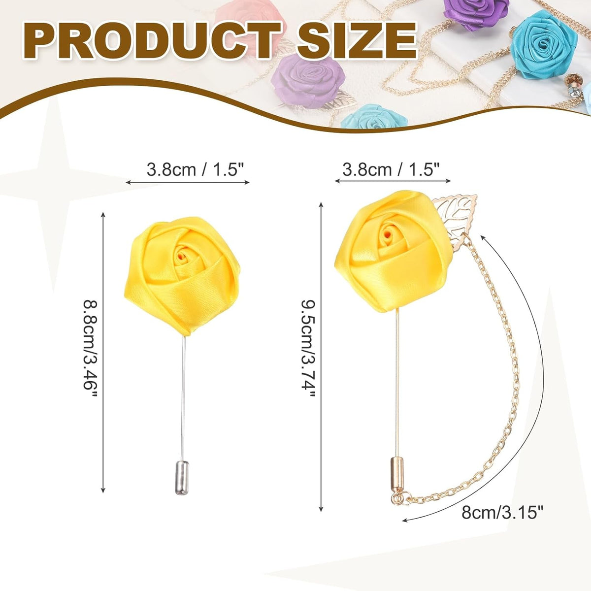 Rose Flower Lapel Pin for Men, 2 Style Cloth Brooch Kit Gold Leaf Tassel Chain Satin Boutonnieres Stick Men Yellow -