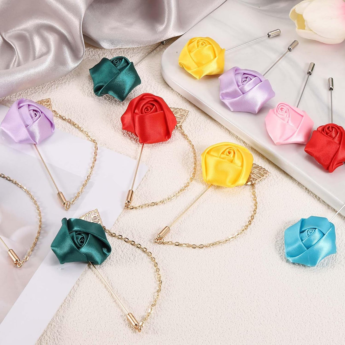 Rose Flower Lapel Pin for Men, 2 Style Cloth Brooch Kit Gold Leaf Tassel Chain Satin Boutonnieres Stick Men Yellow -