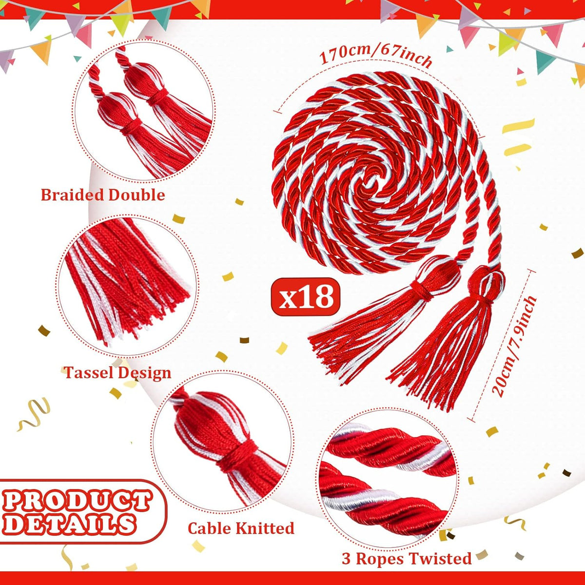 18 Pieces Graduation Cords Bulk 2026 Polyester Yarn Honor 67 Inch Braided Ropes with Tassels for College Students (Red and White) Red White -