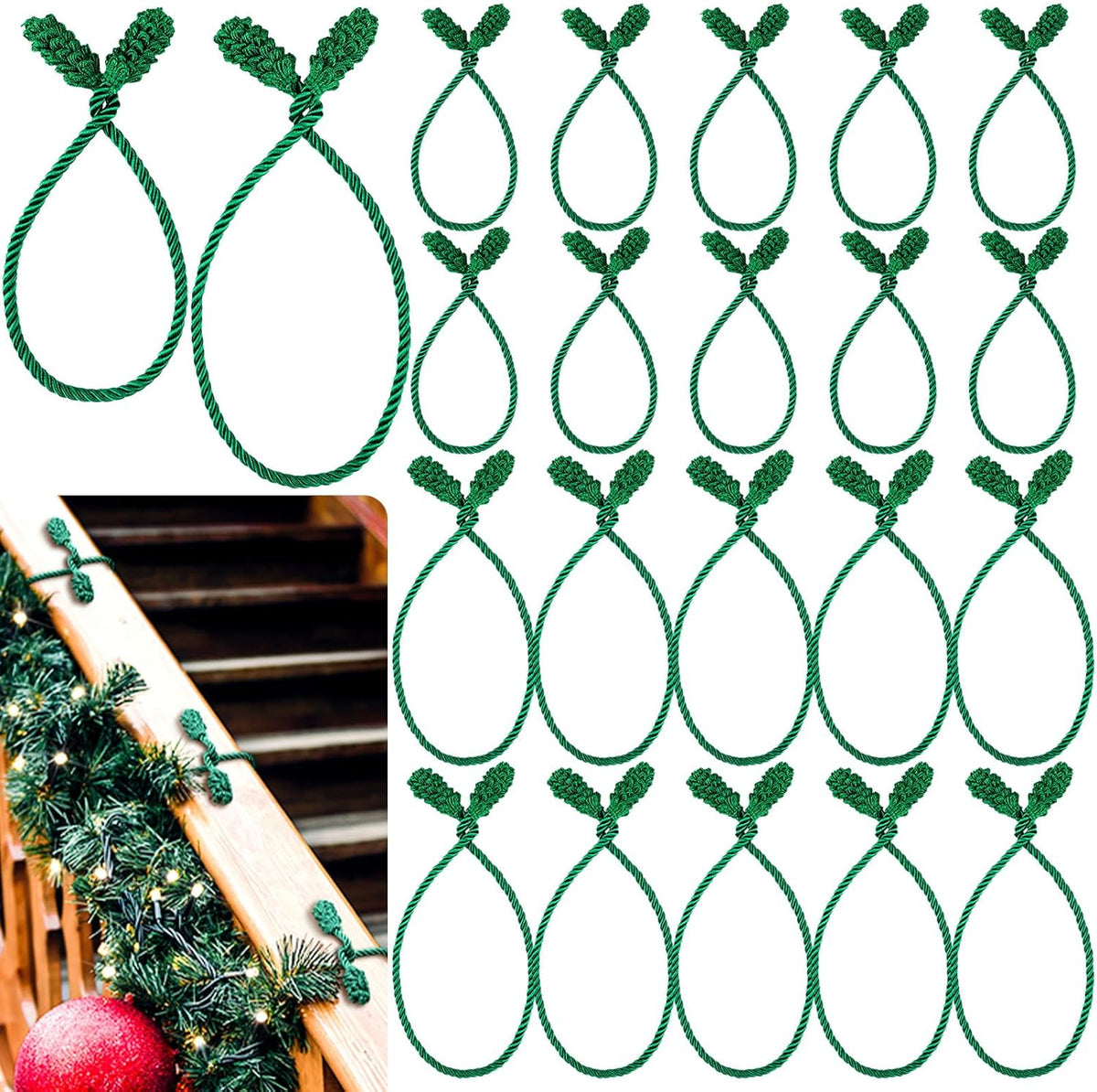 20 Pcs Christmas Inches and 16 Set Decorative Garland Twist Ties Decor for Xmas Holiday Lights Bannisters Stairways Railings (Green) Green -