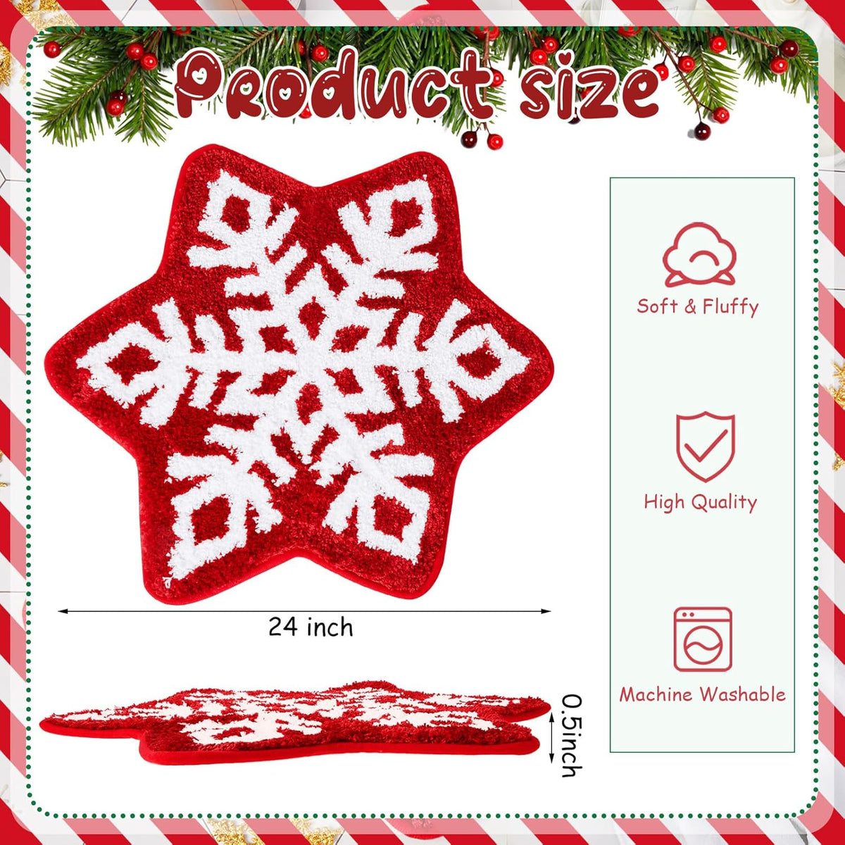 Winter Snowflake Rug Red Bath Mat Bathroom Decor Welcome Non Slip Xmas Washable Bathtub Tub Doormat 21.7'' x 23.6''(Classic) -
