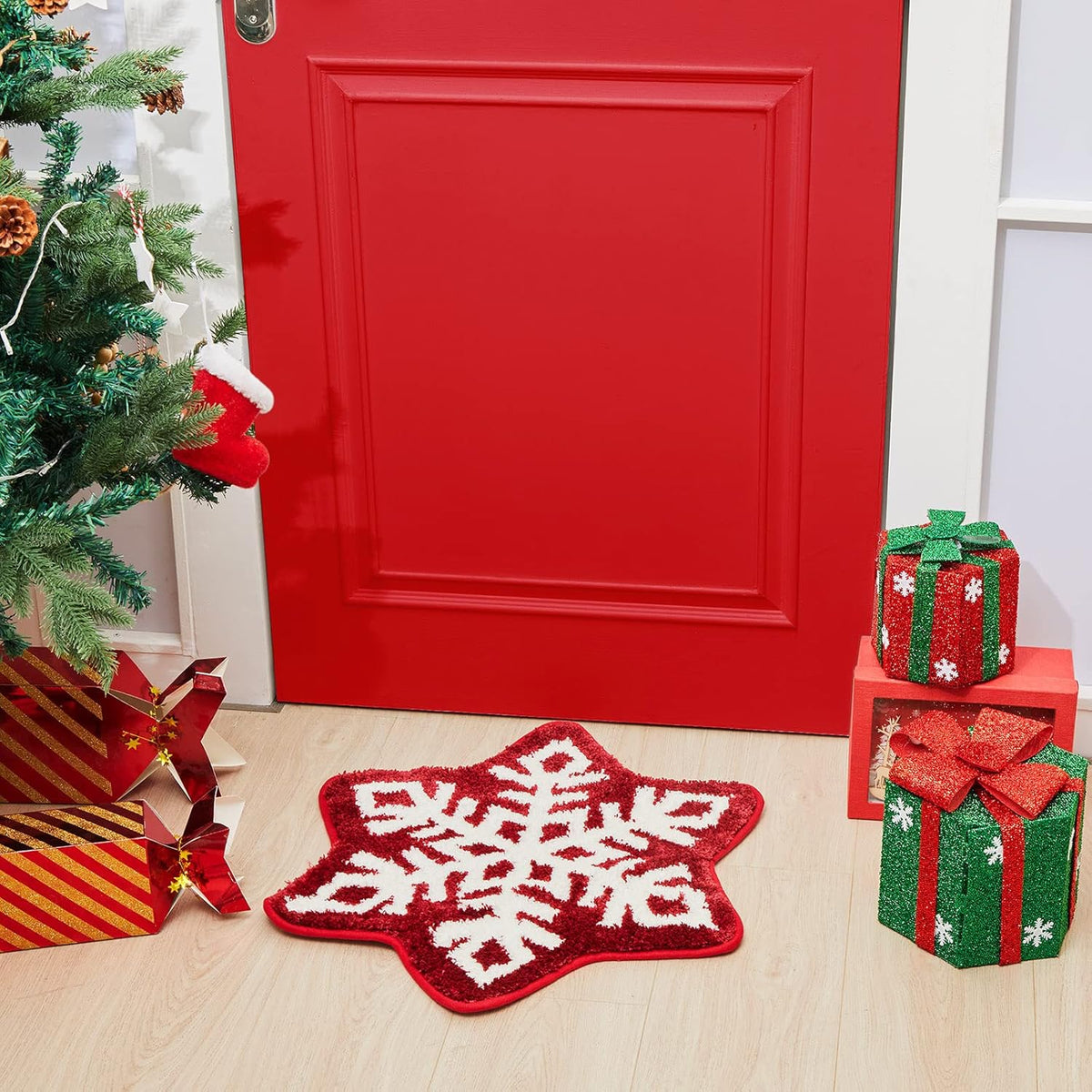 Winter Snowflake Rug Red Bath Mat Bathroom Decor Welcome Non Slip Xmas Washable Bathtub Tub Doormat 21.7'' x 23.6''(Classic) -
